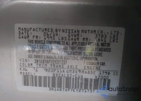 2014 Nissan Sentra Fe+ S/Fe+ Sv/S/Sl/Sr/Sv из США, поврежденный, VIN 3N1AB7AP7EY271737